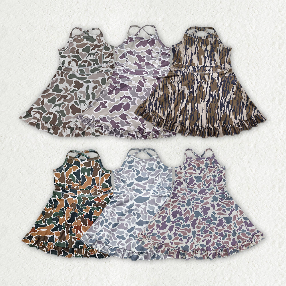 Sibling 6 colors Baby Girls Strap Camo Yoga Ruffle Knee Length Dresses