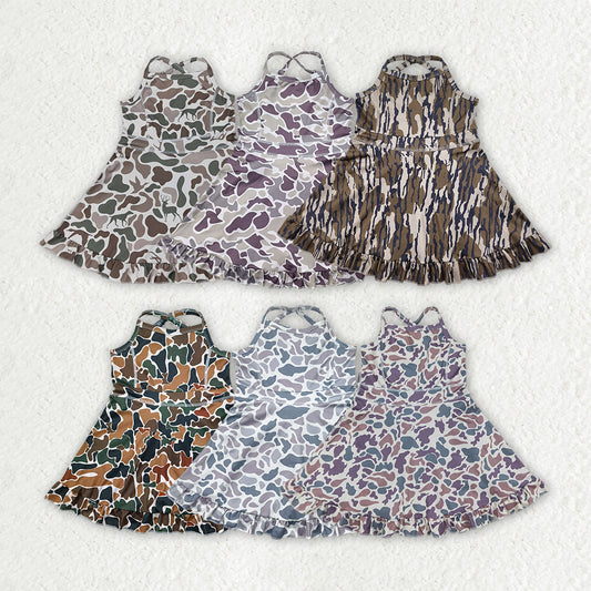 Sibling 6 colors Baby Girls Strap Camo Yoga Ruffle Knee Length Dresses