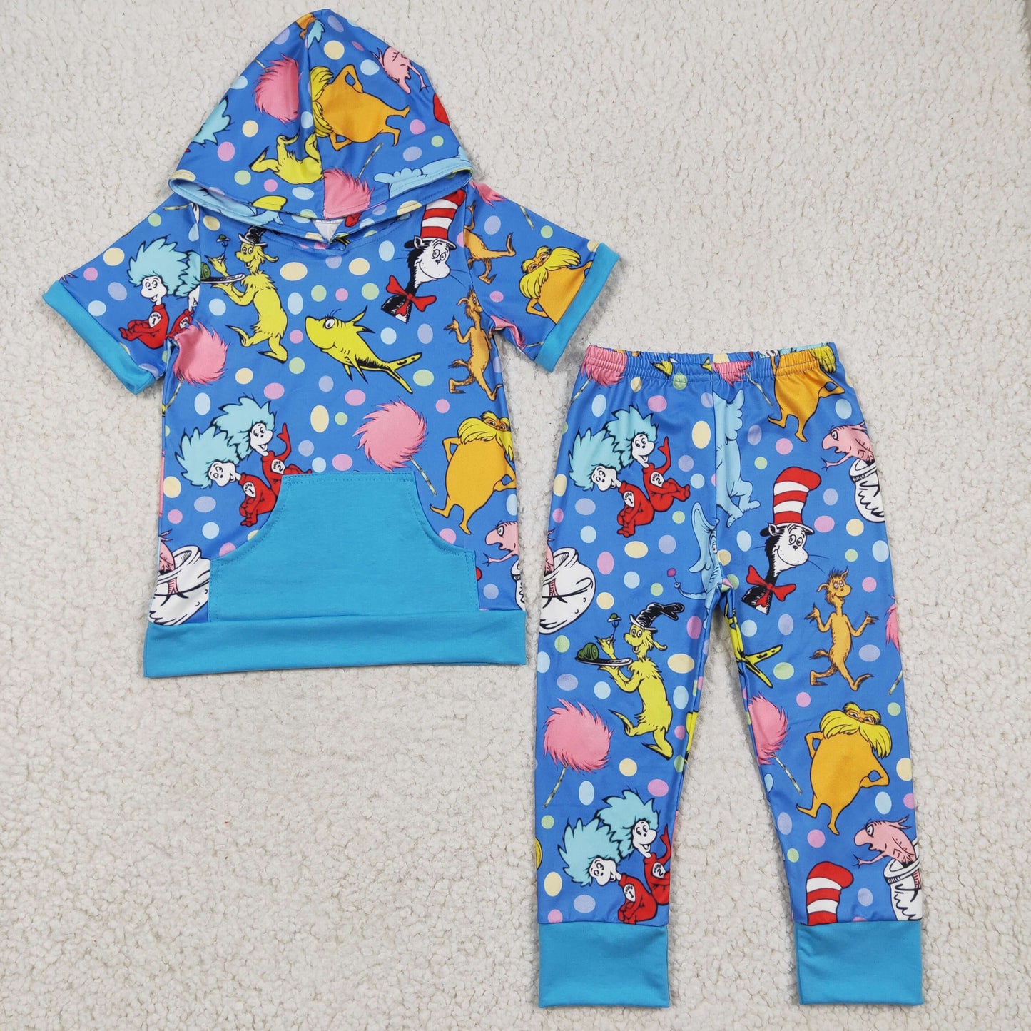 cartoon reading boy hoodie Top long pants set