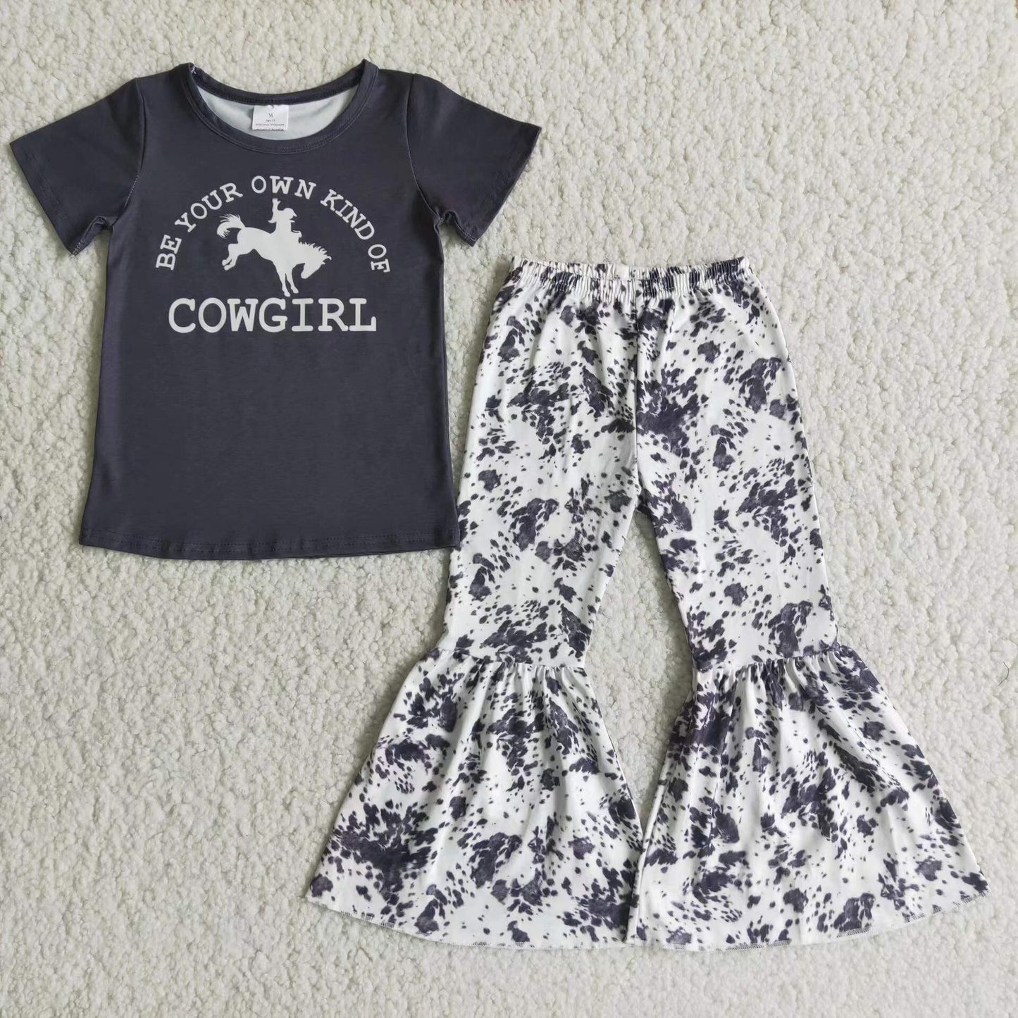 Cow girl Black T-shirt Grey Bell Bottom Pants Set