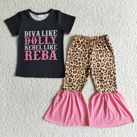 Diva like Dolly Rebel like Reba Black T-shirt leopard bell bottom pants set