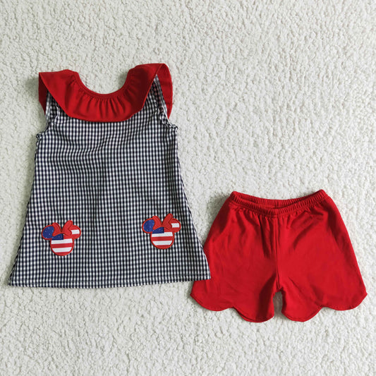 Summer mickey embroidery sleeveless red ruffle shorts set