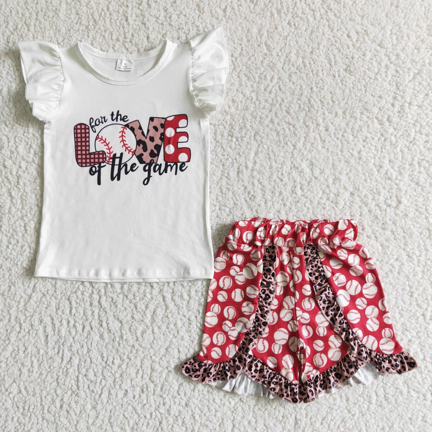 Summer baseball love the game flutter sleeve T-shirt  red  leopard ruffle shorts set