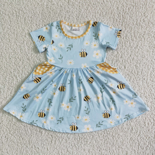 Bee spring flower blue cute short sleeve Dresses