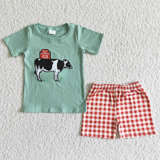 Cow blue T-shirt plaid shorts set