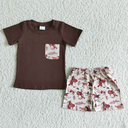 brown ride horse T-shirt shorts Set