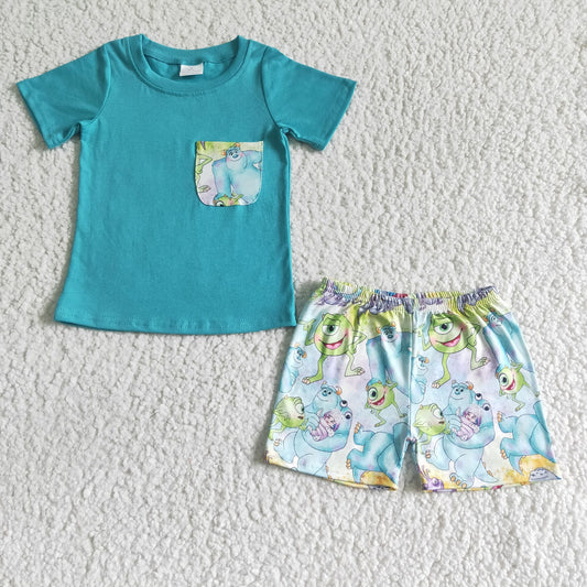 blue cartoon boy T-shirt shorts set