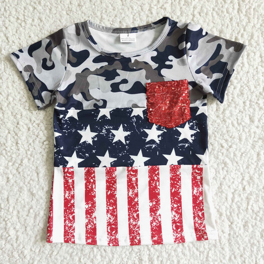 July of 4th camoflage blue star red stripe sequins pocket T-shirt