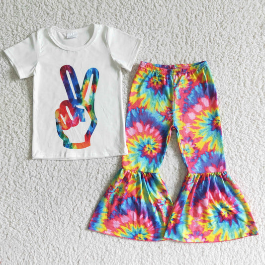 Tie-dyed Gesture white T-shirt bell bottoms pants set