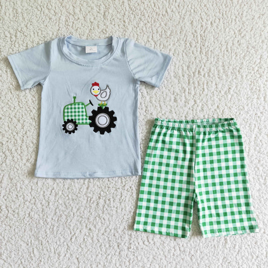 Tractor blue embroidered green T-shirt plaid shorts set