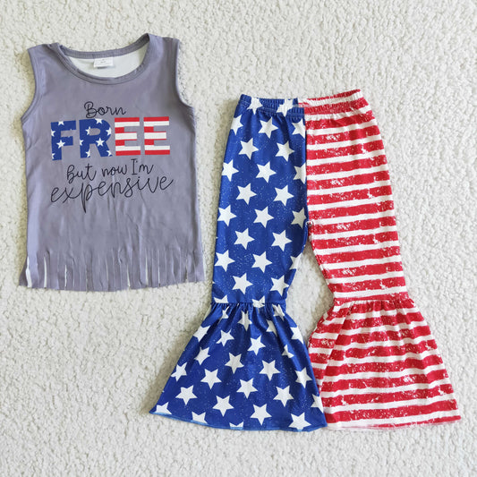 4th of July BORN FREE Grey Sleeveless T-shirt Blue Star bell bottom pants set