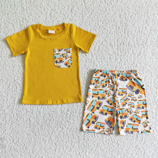 back to school bus yellow short sleeve T-shirt boy Shorts Set