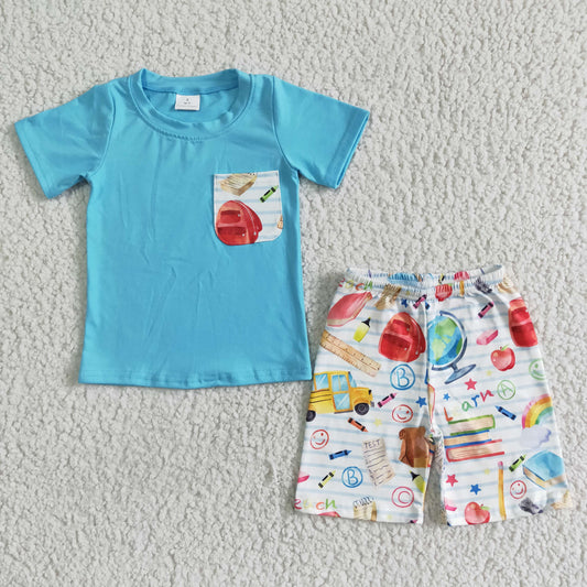 boys Back to school blue T-shirt shorts sets