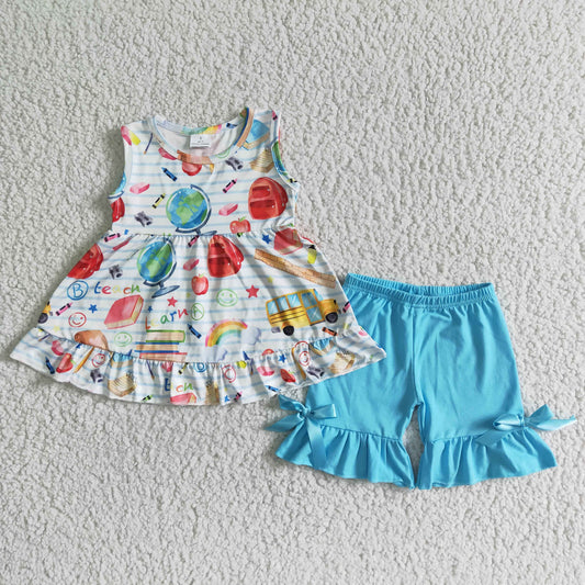 girls Back to school sleeveless Tops ruffle shorts sets