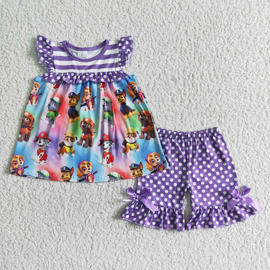 Cartoon dog flutter sleeve Top ruffle shorts set