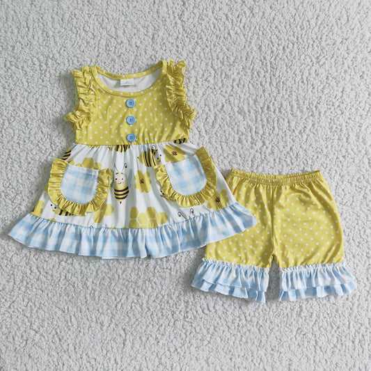 Bee Girl ruffle sleeveless Pocket Top ruffle shorts set