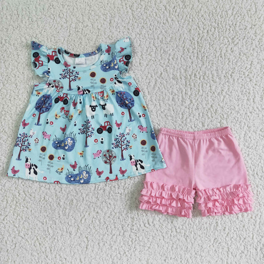 Blue ruffle sleeve Top pink girl ruffle Shorts Set