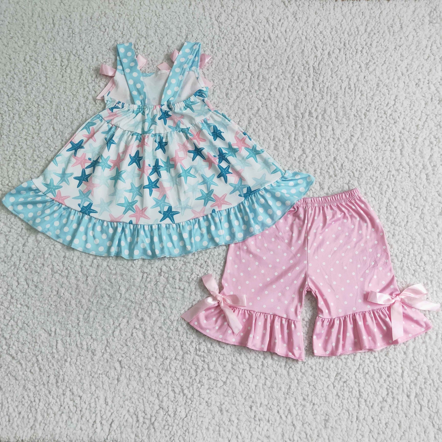 Pink Star Blue Ruffle Tunic top pink dot shorts set