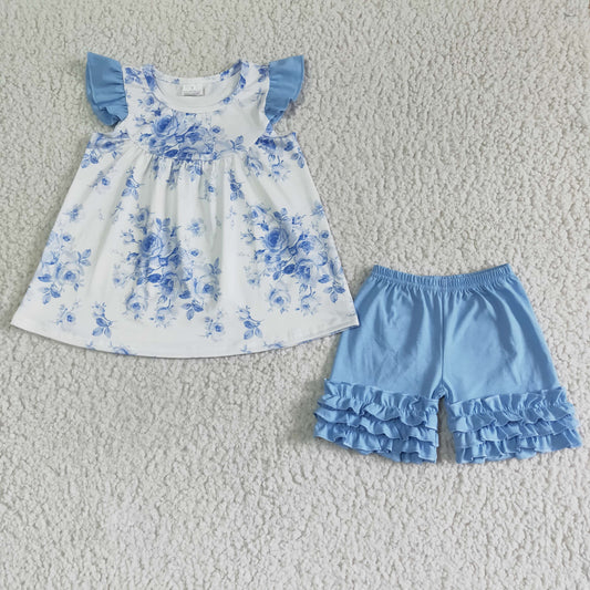 Blue ruffle sleeve Top girl ruffle Shorts Set