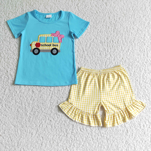 School Bus blue embroidery T-shirt girl ruffle Shorts Set