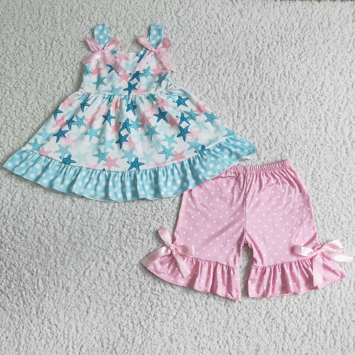 Pink Star Blue Ruffle Tunic top pink dot shorts set