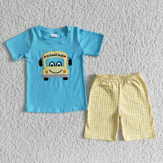 Embroidery School Bus blue T-shirt boy Yellow Shorts Set