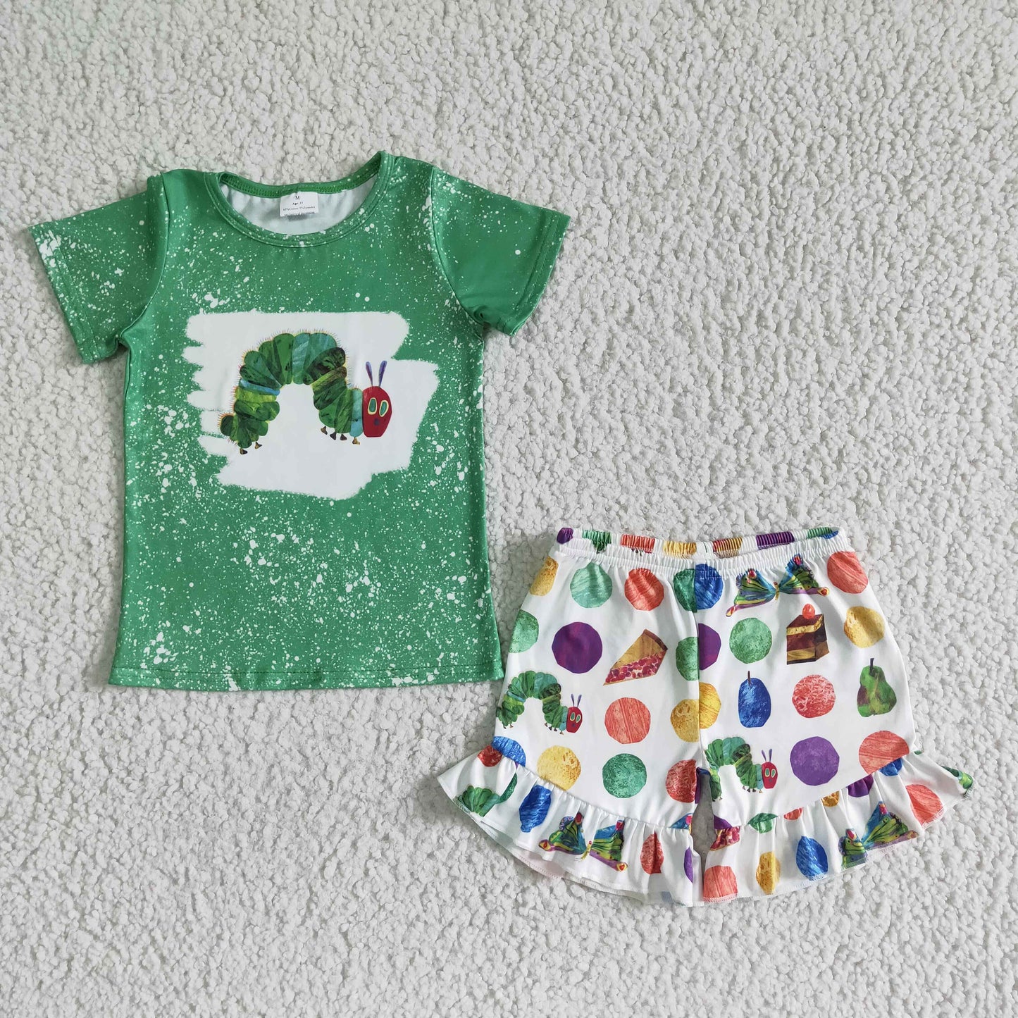 Girl green Top colorful Dot ruffle shorts set