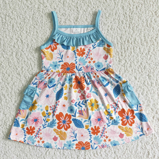 girls blue floral Spaghetti Strap Flower Dress GSD0077