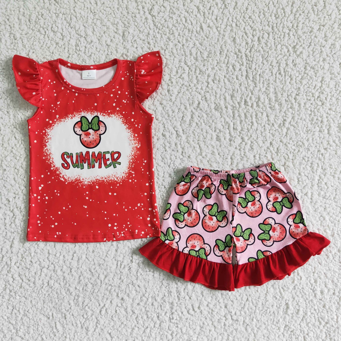 summer Mickey red flutter sleeve Top girl shorts set