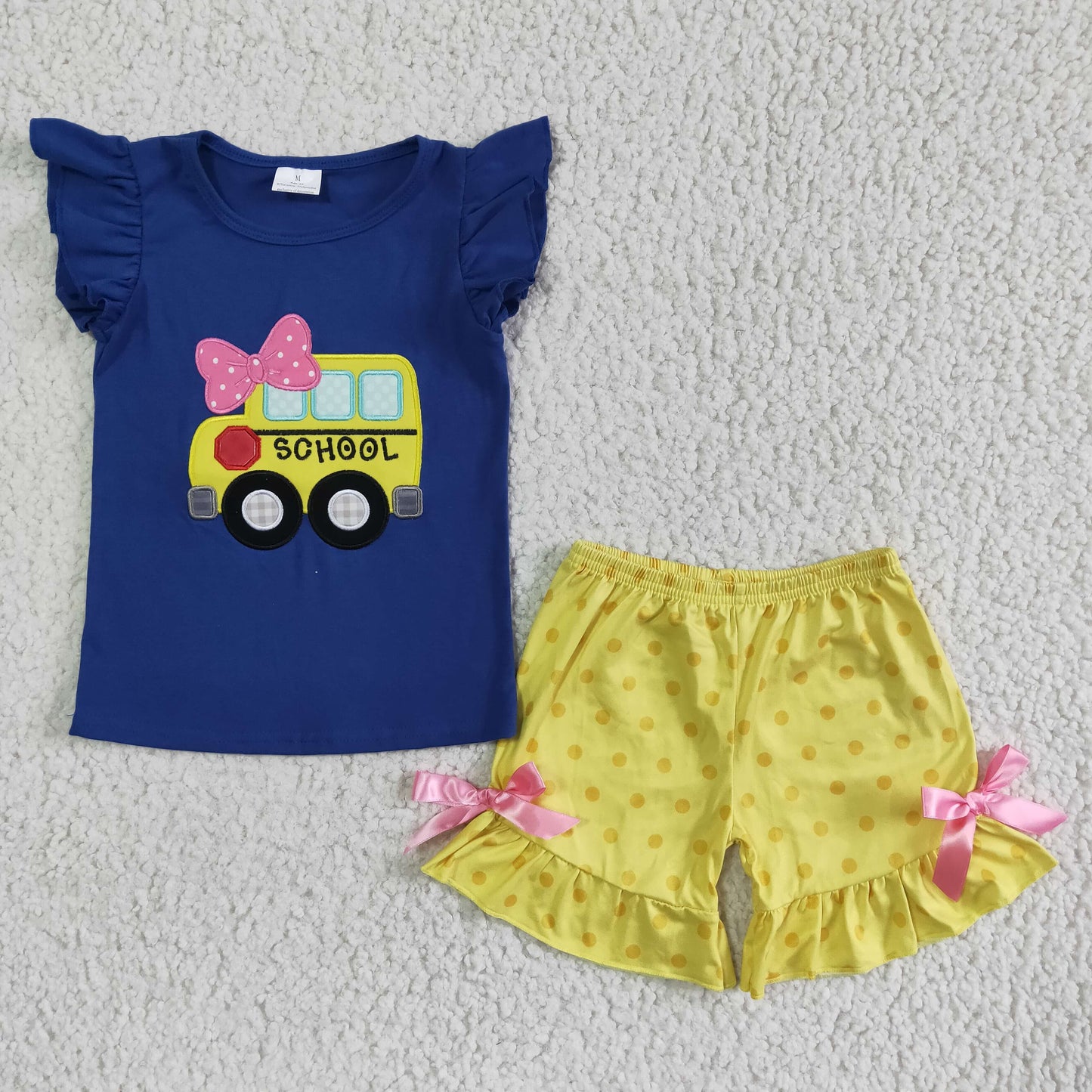 School Bus embroidery flutter sleeve Top girl ruffle Shorts Set