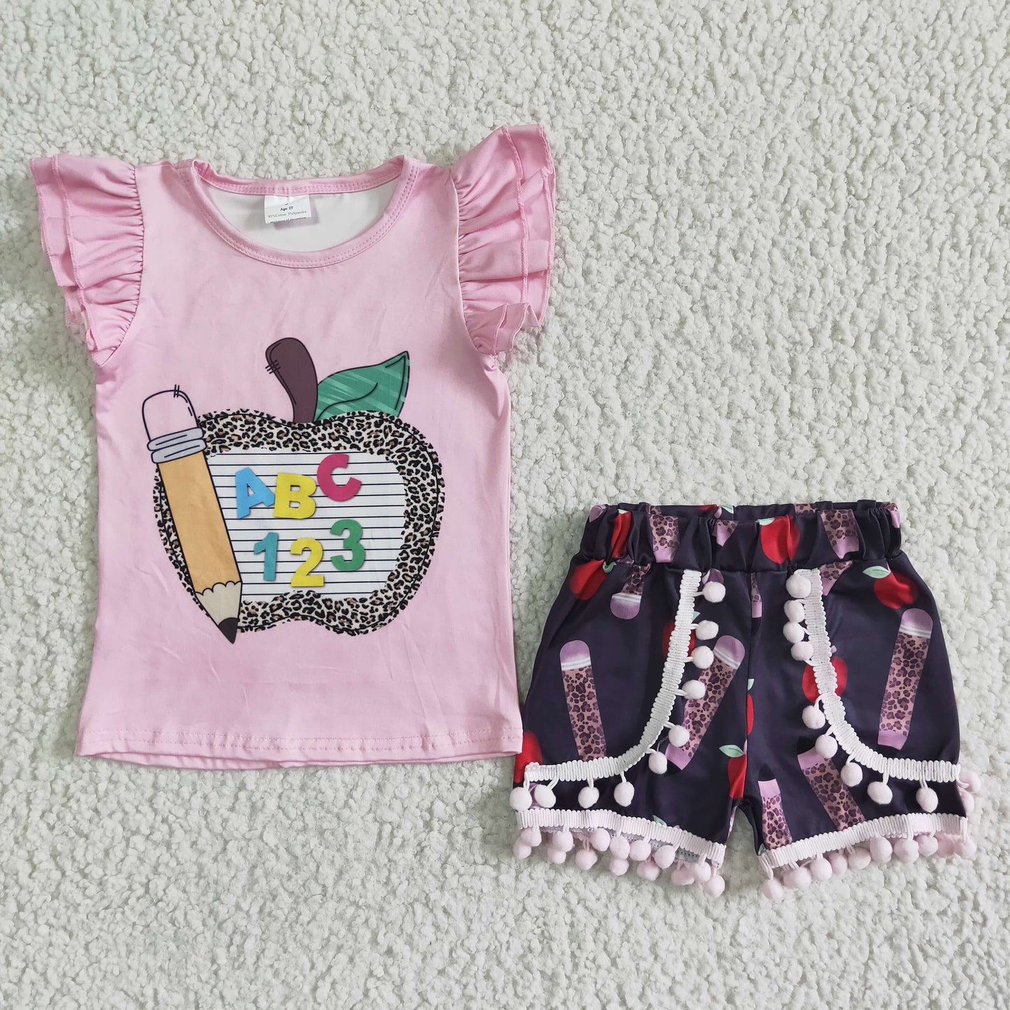 Back to school pink flutter sleeve T-shirt shorts set