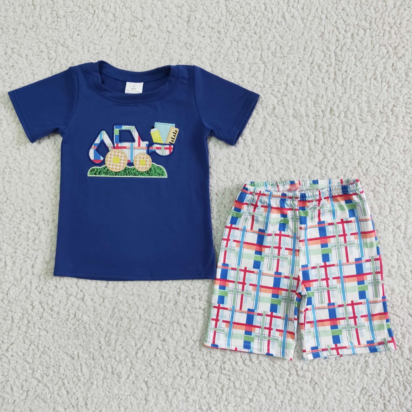 Embroidery Blue Tractor T-shirt boy Shorts Set