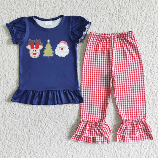 D1-2 Christmas Blue Short Sleeve Top Red Plaid Ruffle Pants Set-promotion 2023.11.6