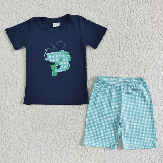 Fish embroidery top shorts set