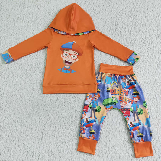 Cartoon orange Long Sleeve Hoodie Top Boy Long Pants Set