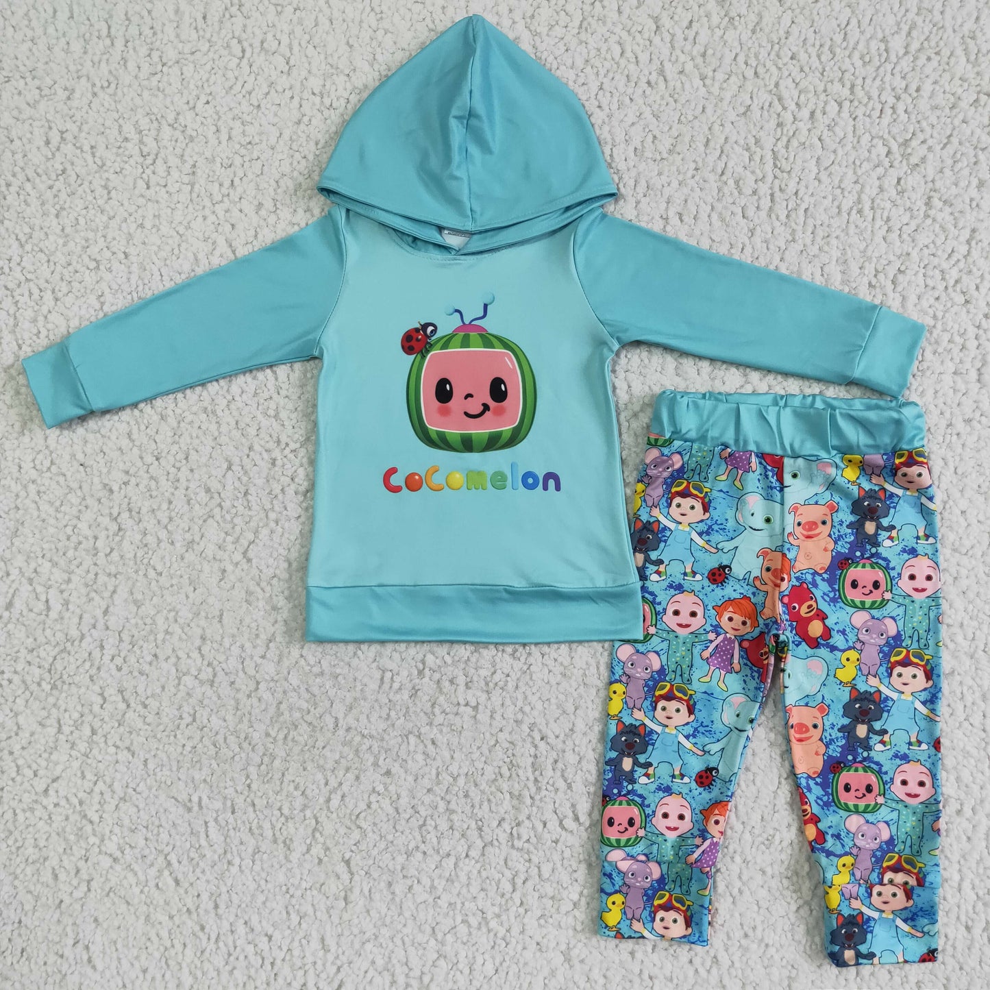 Cartoon Blue Long Sleeve Hoodie Top Boy Long Pants Set