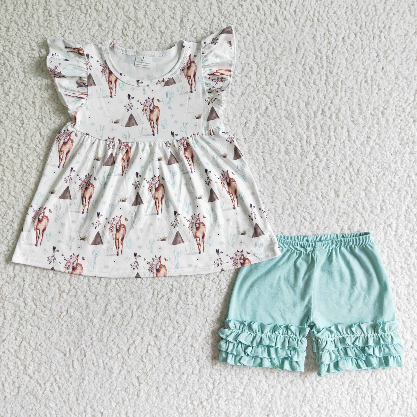 Flutter sleeve horse girl ruffle shorts set