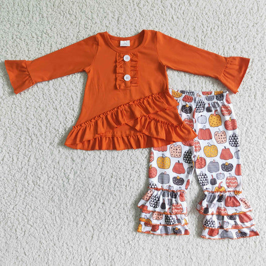 Orange Long sleeve ruffle Tops pumpkin bottoms sets 6 A13-28