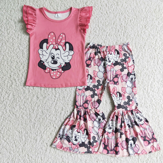 Cartoon girl pink short sleeve T-shirt bell bottom pants set