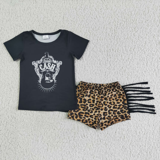 Johnny Cash T-shirt Leopard tassel shorts sets A3-4