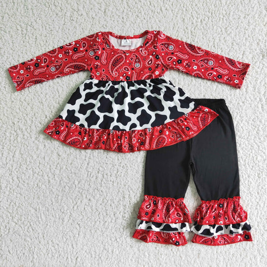 6 B2-23 Cow print Red ruffle Long sleeve tunic dress ruffle long pants set-promotion 2023.12.2