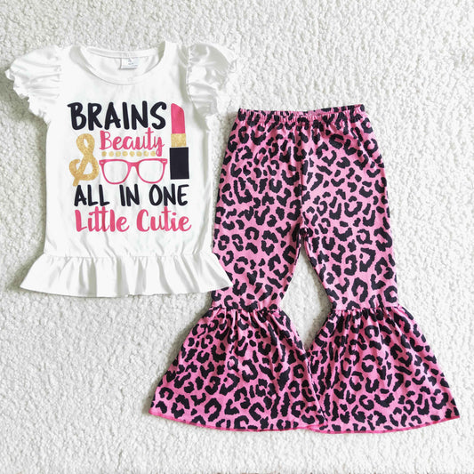 All in one little cutie short sleeve Top leopard bell bottom pants pants set