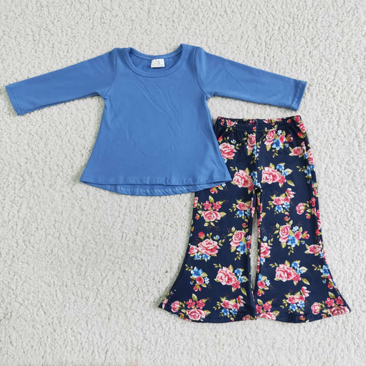 6 A25-3 Girl Blue Long sleeve Floral bell bottom pants set-promotion 2023.10.30