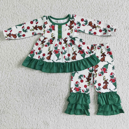 Christmas Green Long sleeve Tunic Dress ruffle pants set