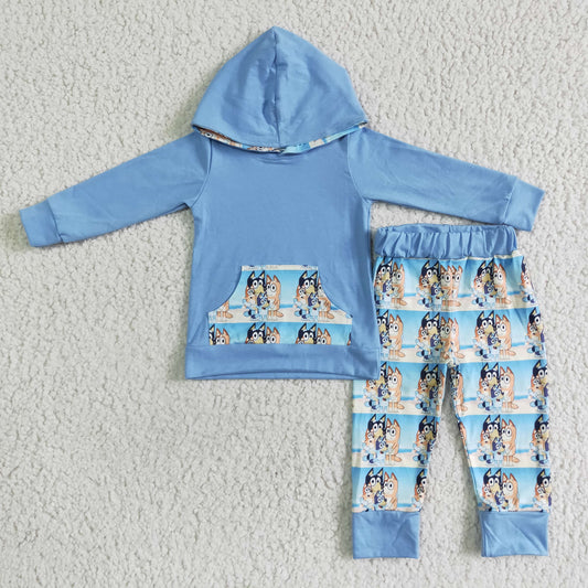 Blue Cartoon Long sleeve Hoodie Top Long pants set