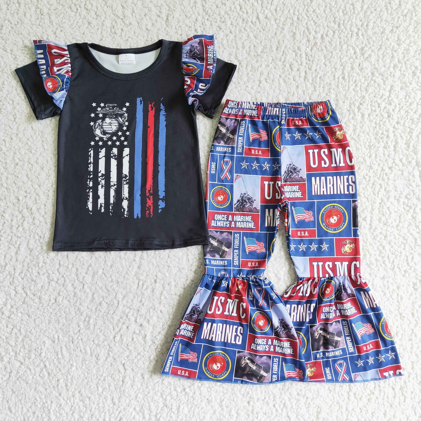 4th of July ruffle short sleeve T-shirt bell bottom pants set