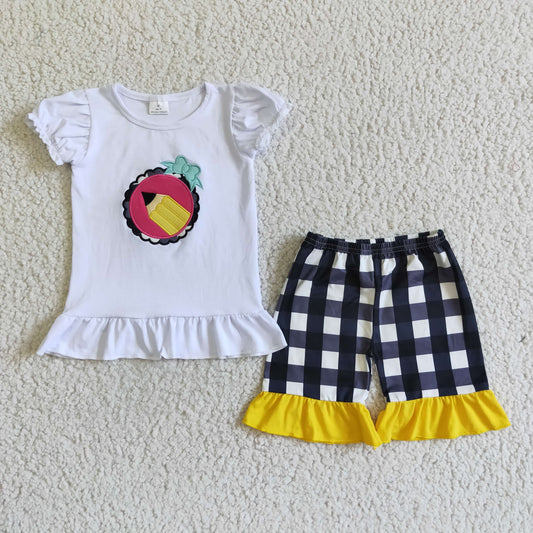 Back to school embroidery Pencil Shorts Set