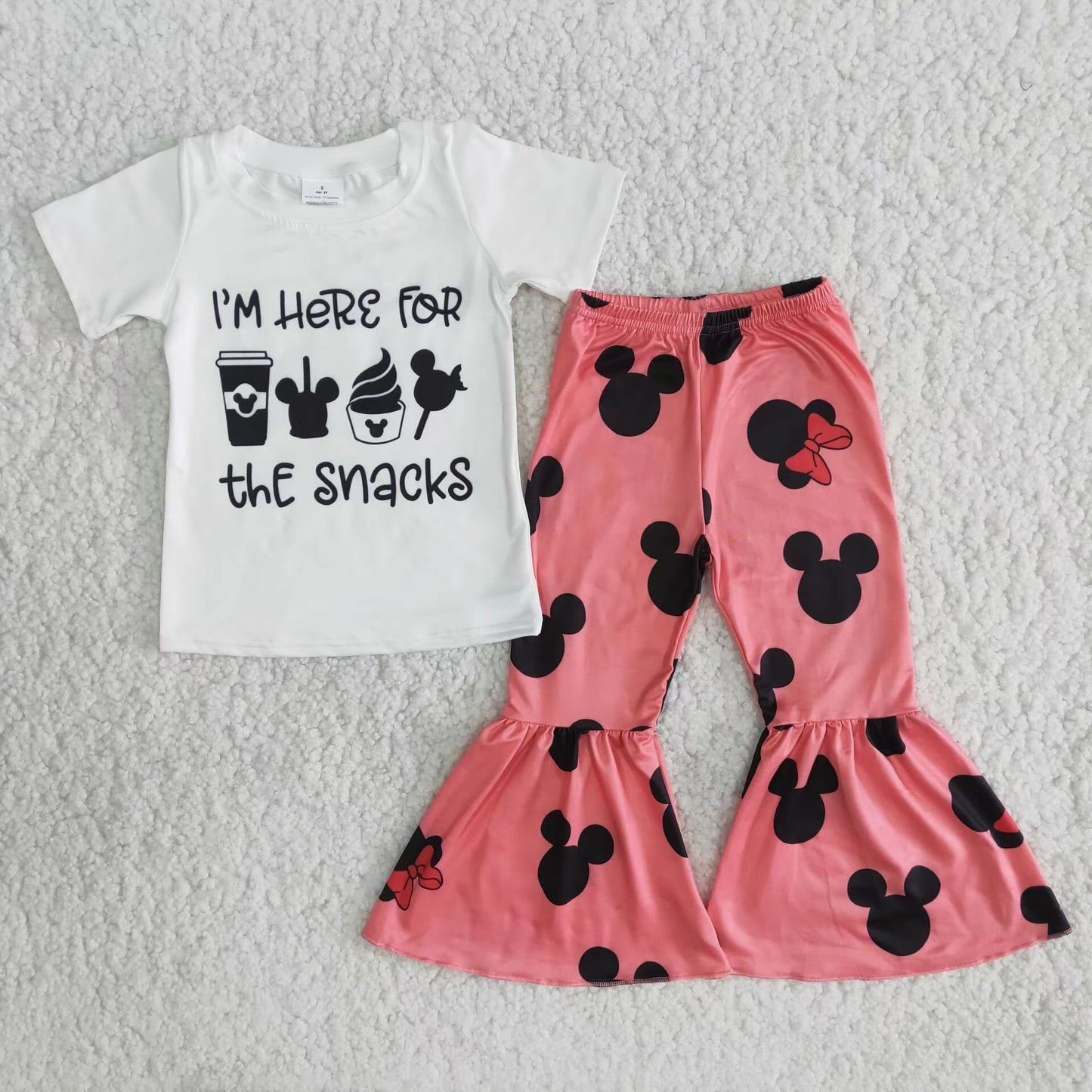 Letter Snacks Top Pink Bell Bottom Pants Girl Set