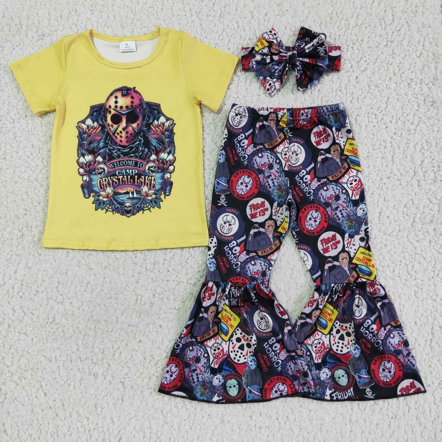 Cartoon Girl Short Sleeve Top Bell Bottom pants Set