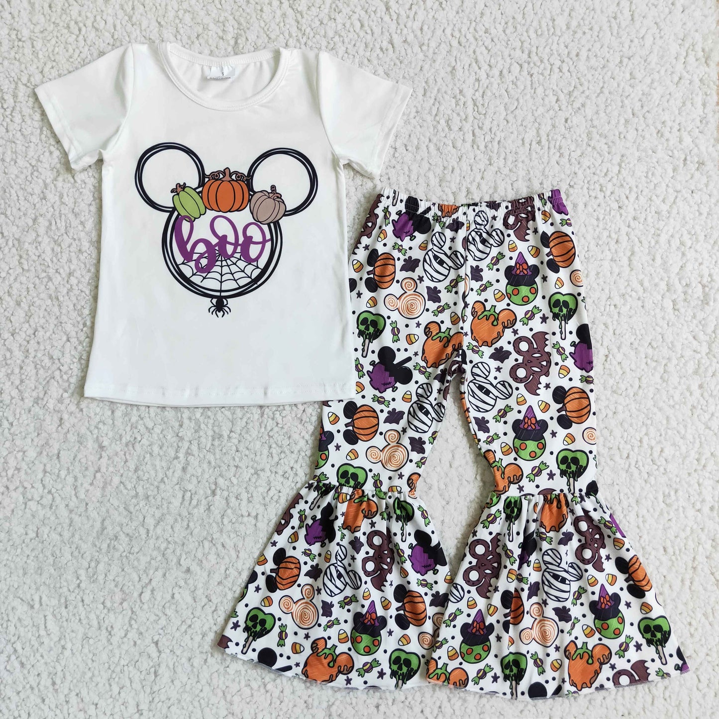 Boo cartoon short sleeve T-shirt Girl bell bottom pants set